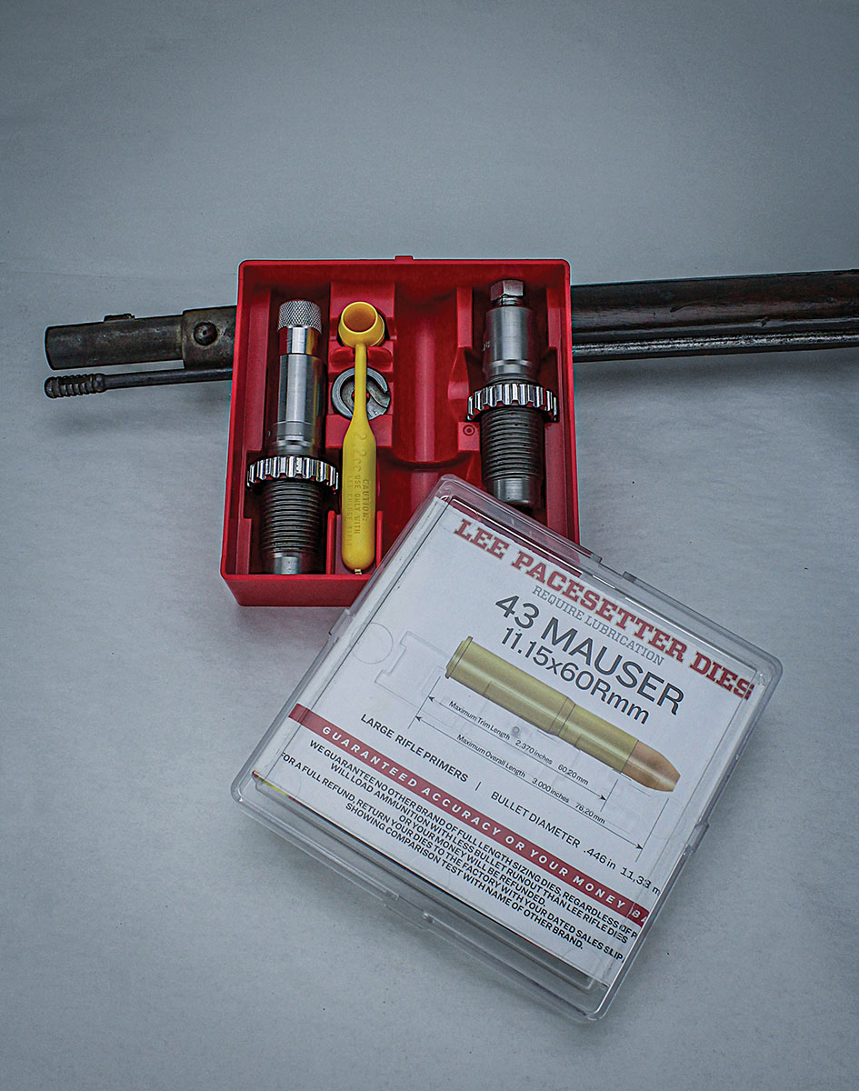 The 43 Mauser dies from Lee Precision are inexpensive, include a shell holder and Lee’s signature yellow powder dipper.